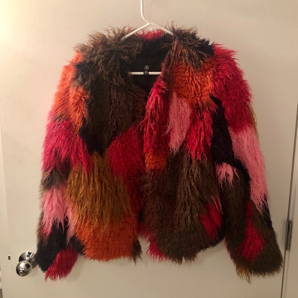 Color block faux fur jacket.